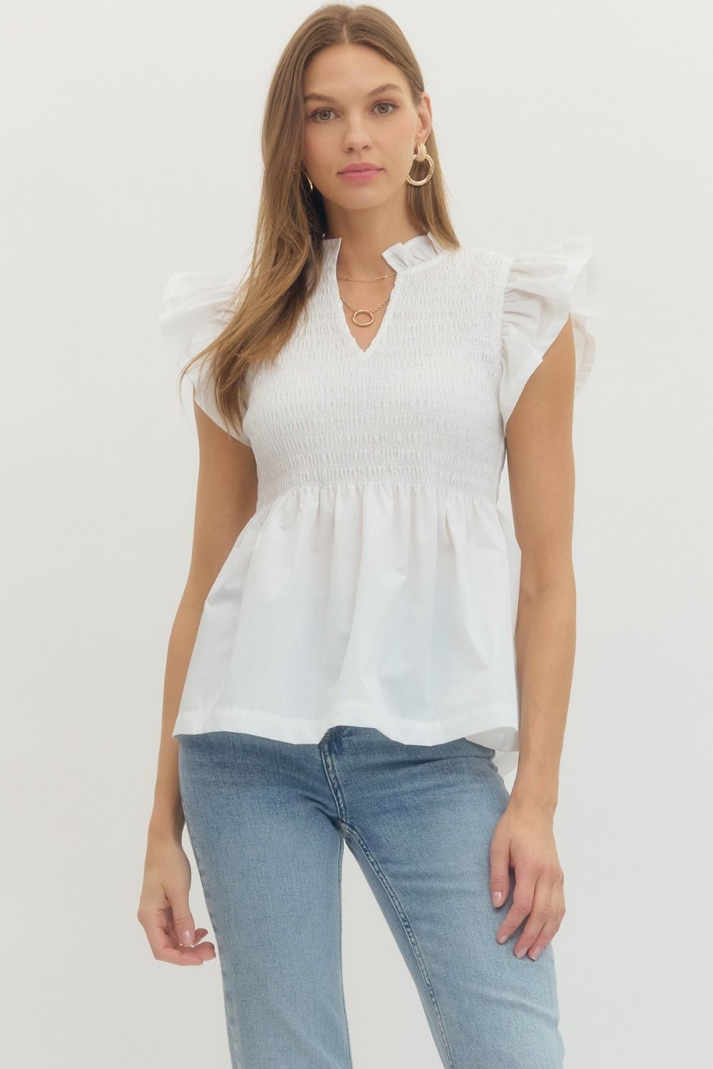 Entro Solid Flutter Sleeve Peplum Top In Off White
