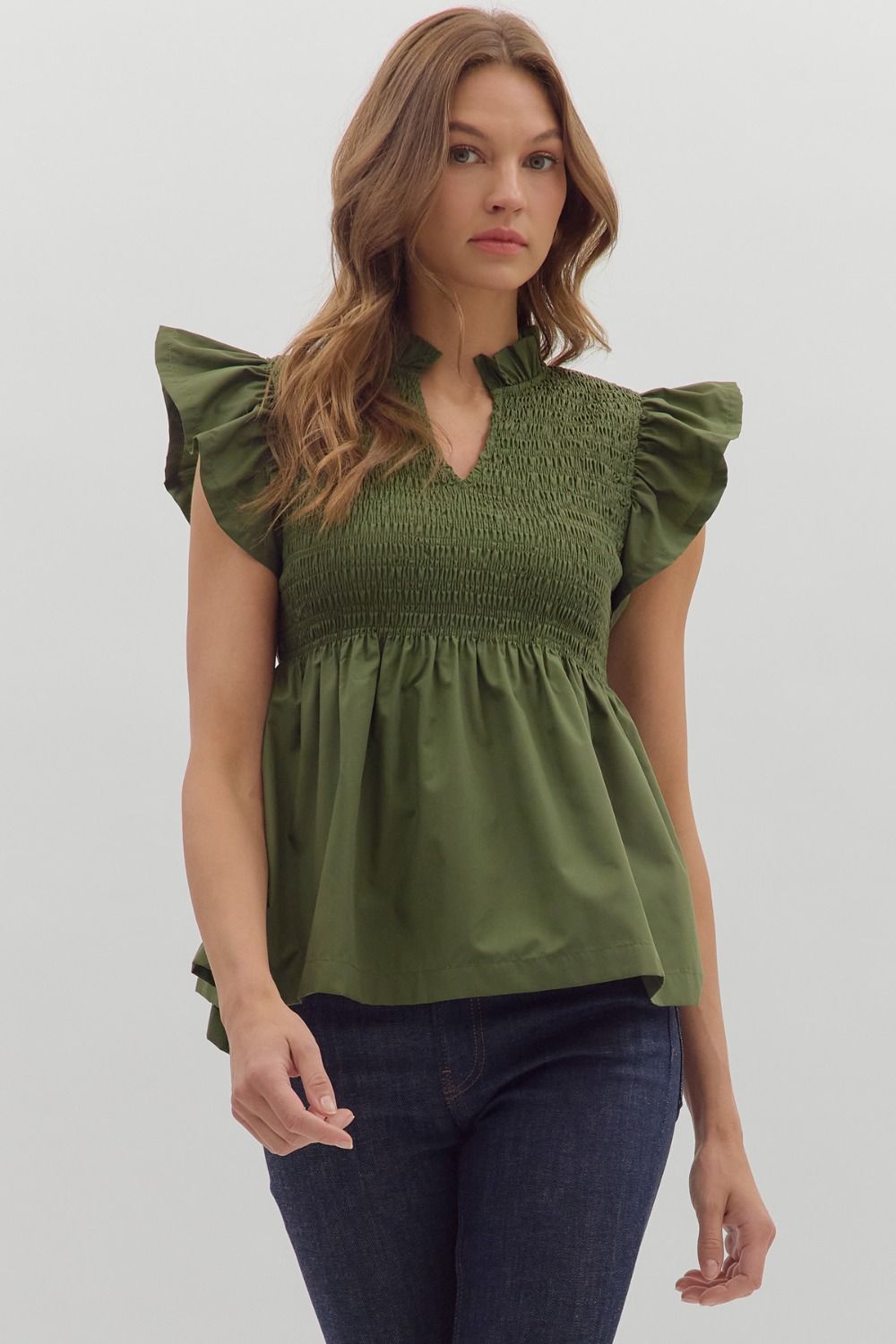 Entro Solid Flutter Sleeve Peplum Top In Olive