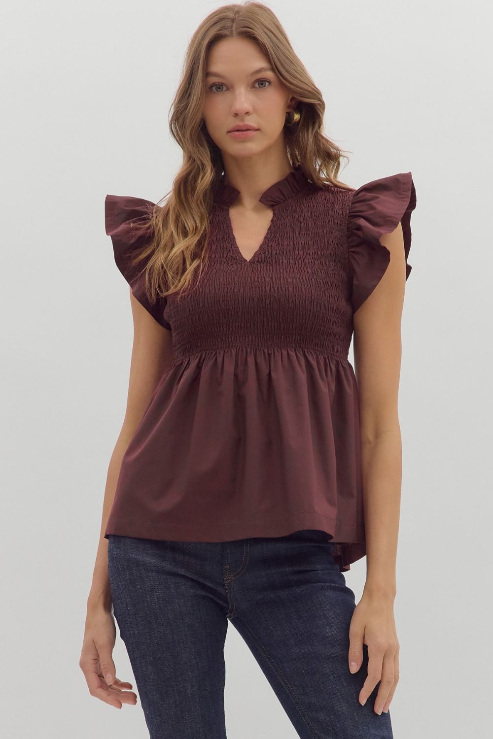 Entro Solid Flutter Sleeve Peplum Top In Wine *COMING SOON*