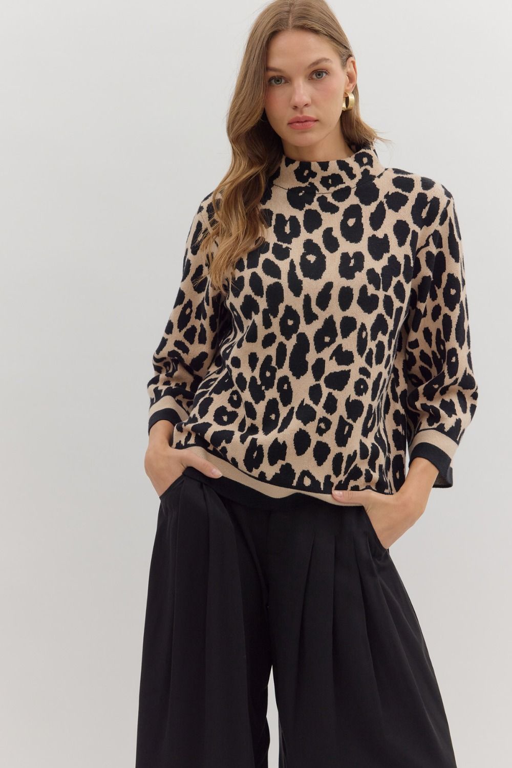 Entro Leopard Print 3/4 Sleeve Mock Neck Sweater In Black PLUS Size *COMING SOON*
