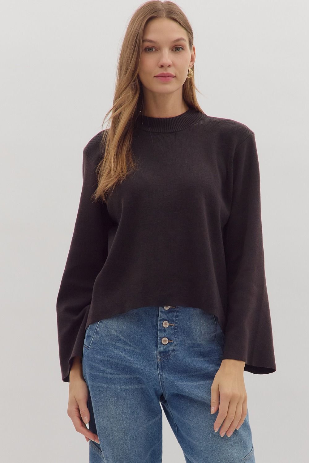 ENTRO Solid Mock Neck Long Sleeve Sweater Top In Black