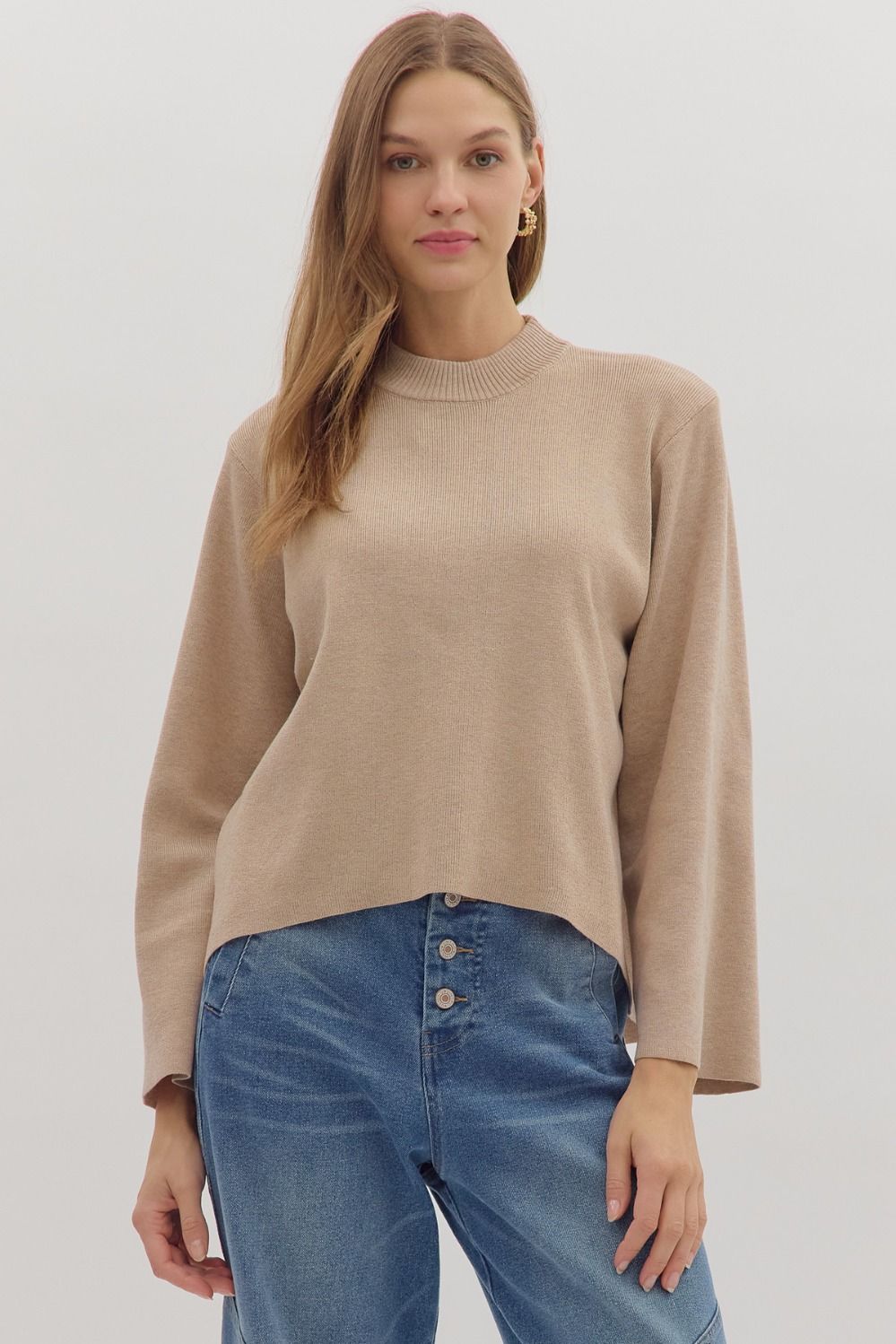 ENTRO Solid Mock Neck Long Sleeve Sweater Top In Oatmeal