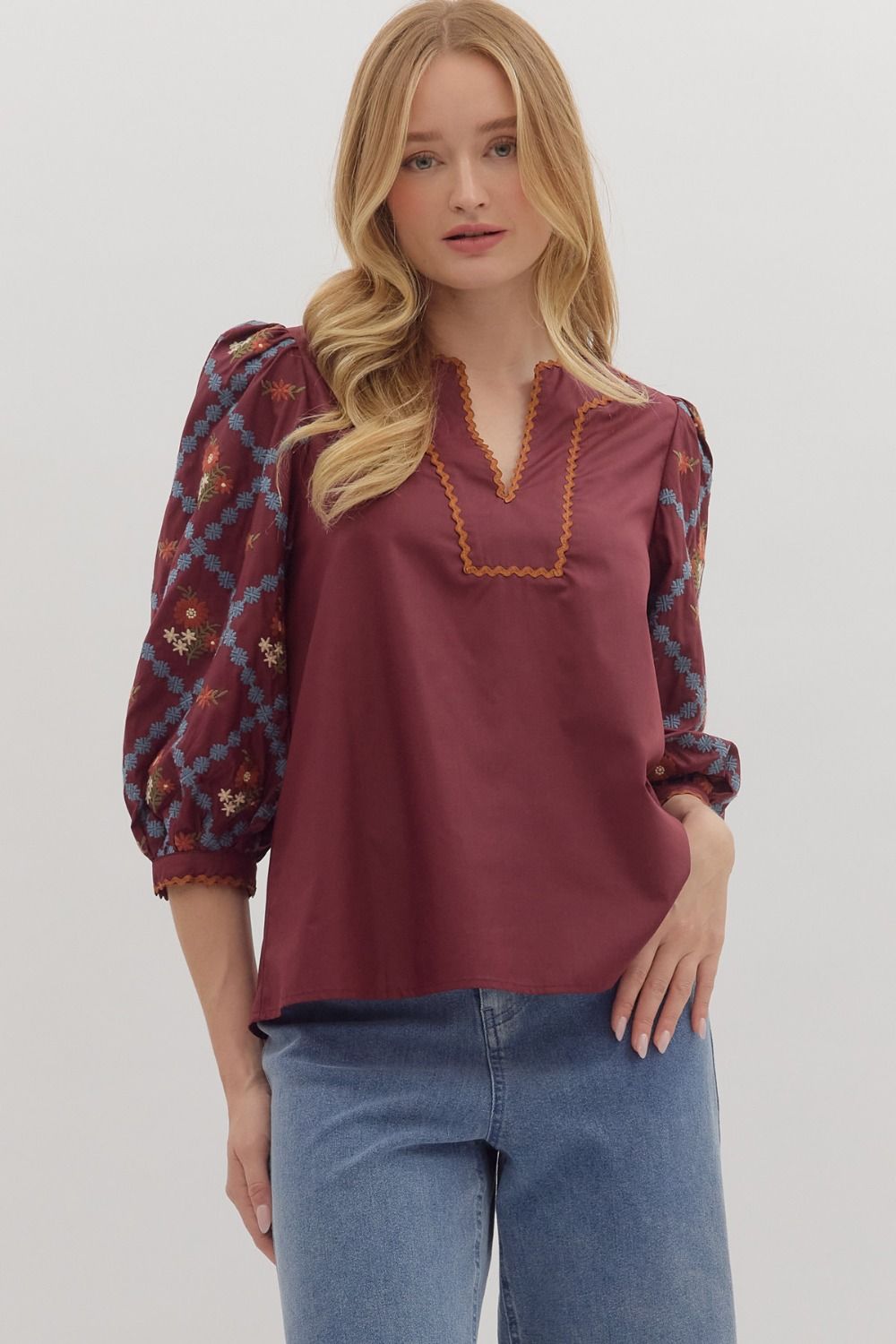 ENTRO Embroidered 3/4 Sleeve Top In Burgundy *COMING SOON*