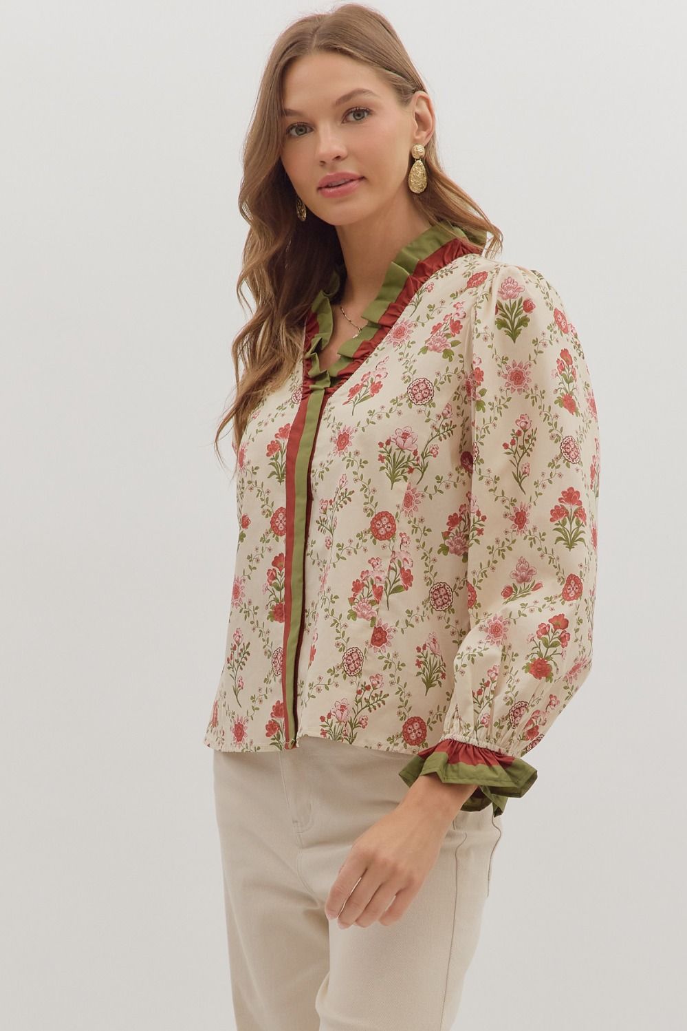 ENTRO Floral Print Long Sleeve Top With Ruffle Trim In Ecru