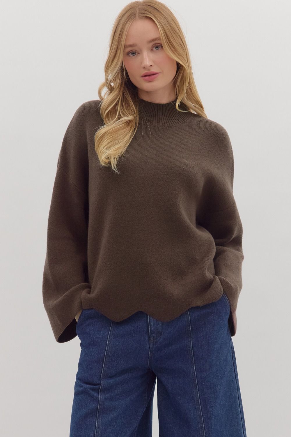 ENTRO Solid Pullover Sweater With Scalloped Trim In Brown *COMING SOON*