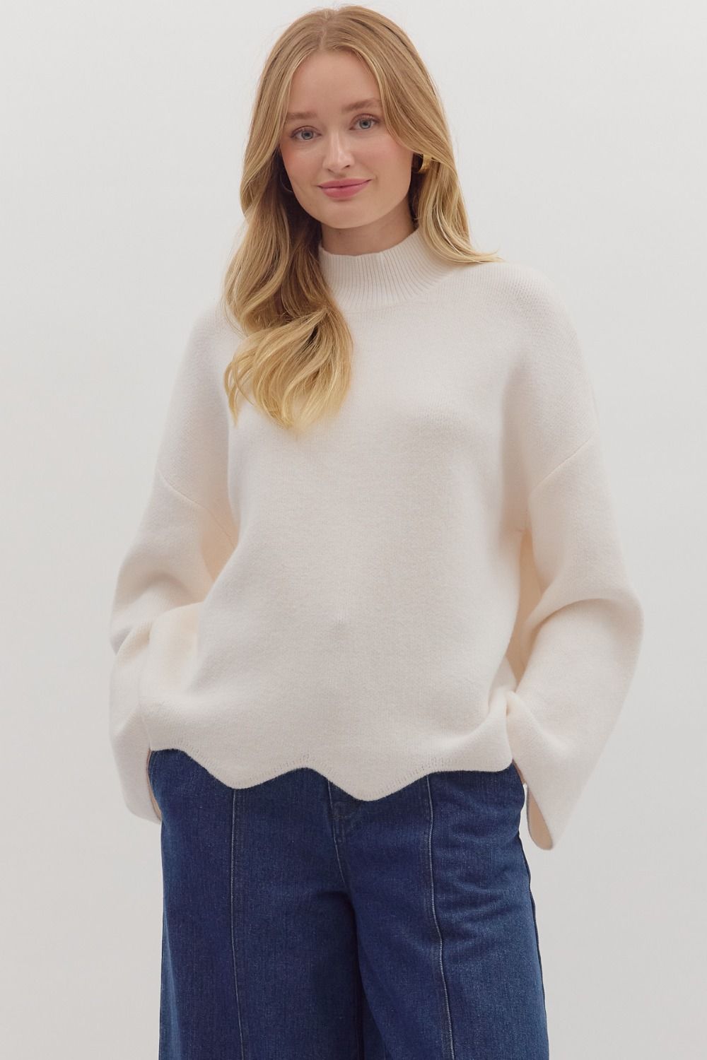 ENTRO Solid Pullover Sweater With Scalloped Trim In Cream *COMING SOON*