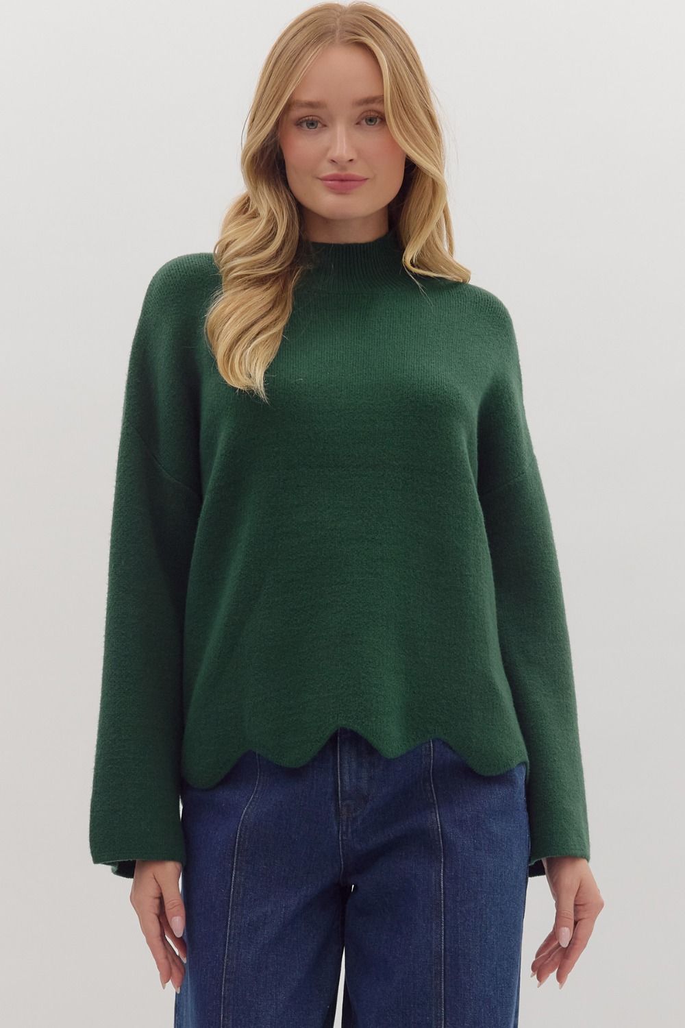 ENTRO Solid Pullover Sweater With Scalloped Trim In Hunter Green *COMING SOON*