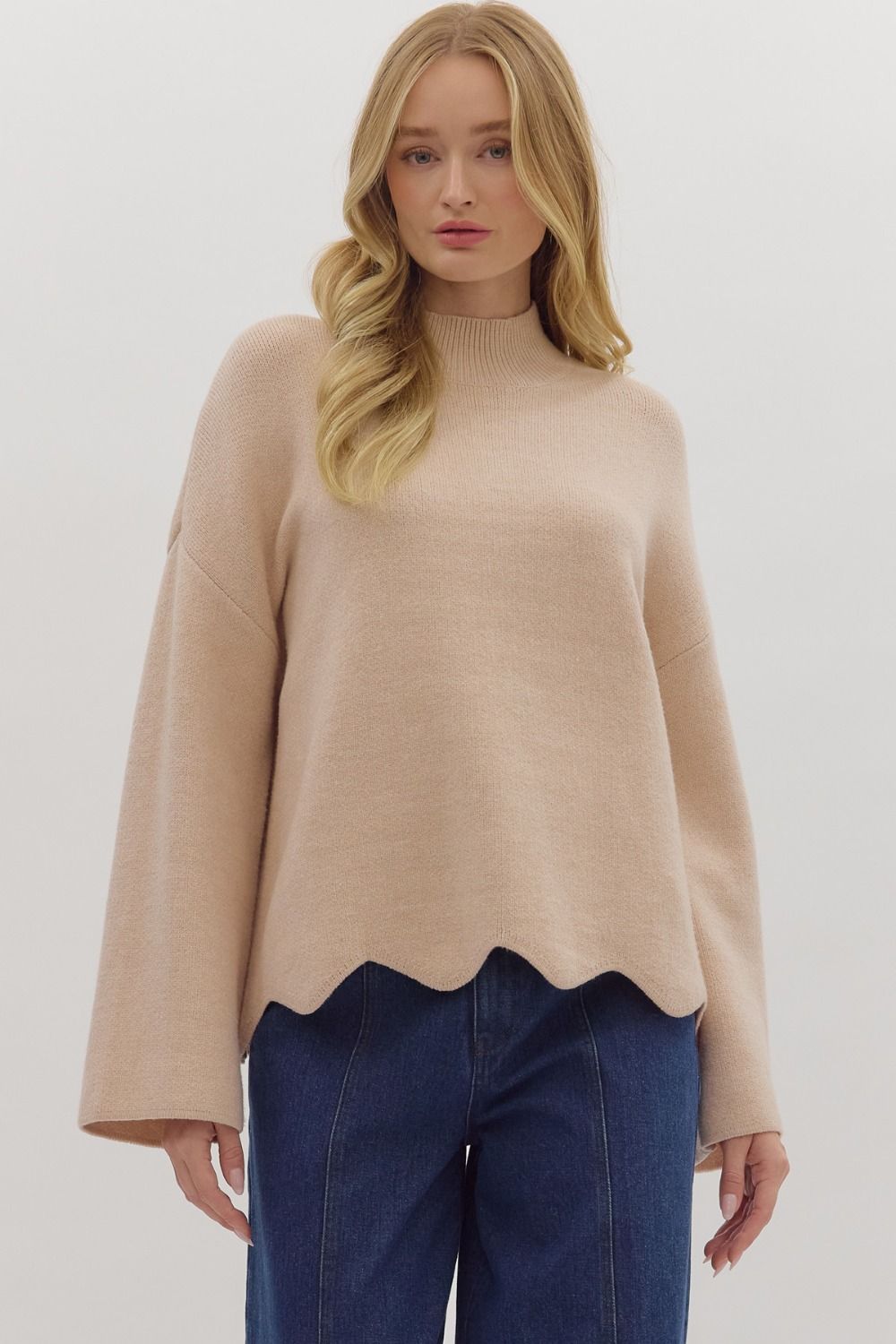 Entro Solid Long Sleeve Pullover With Scalloped Trim In Oatmeal