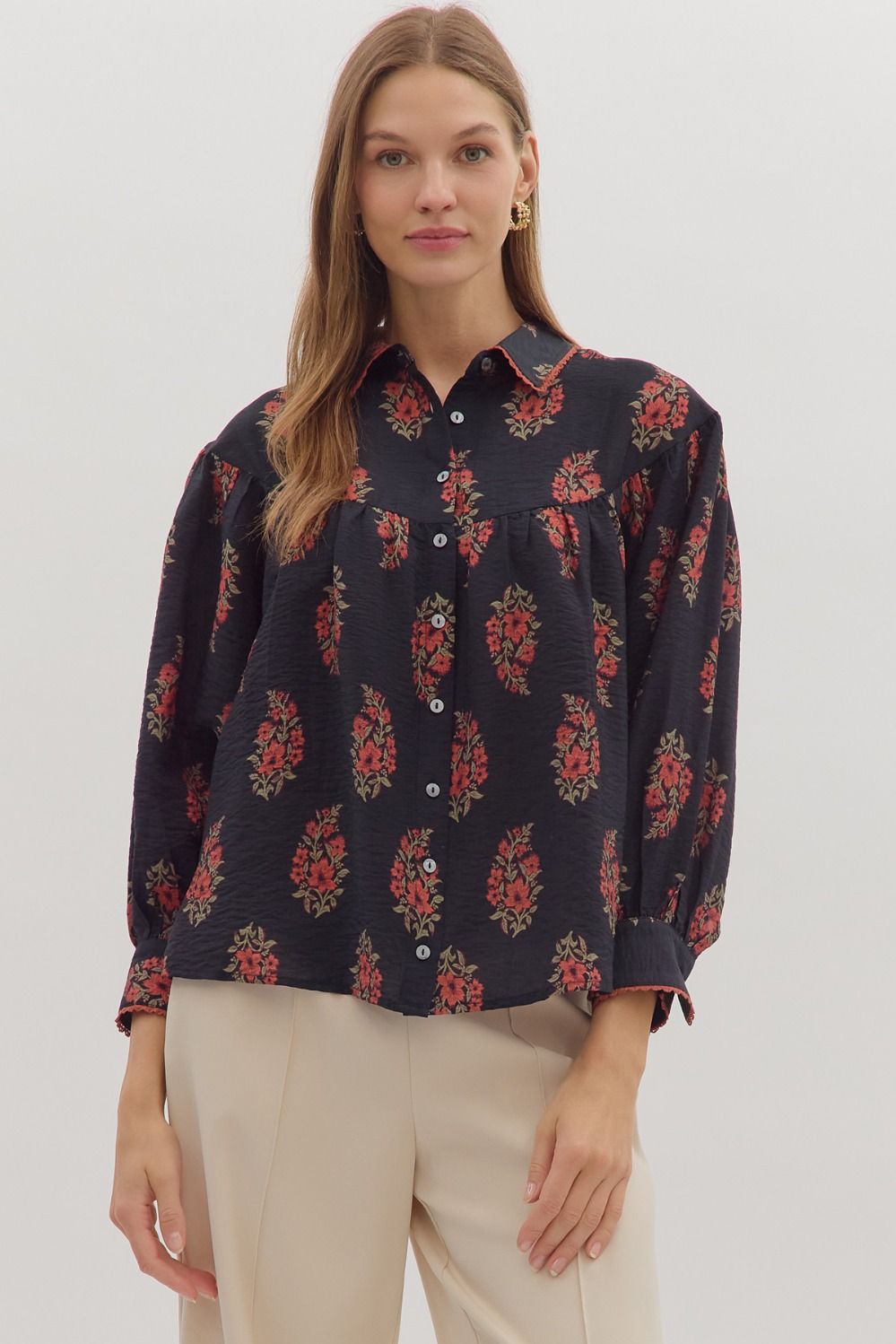 ENTRO Floral Long Sleeve Button Down In Black *COMING SOON*