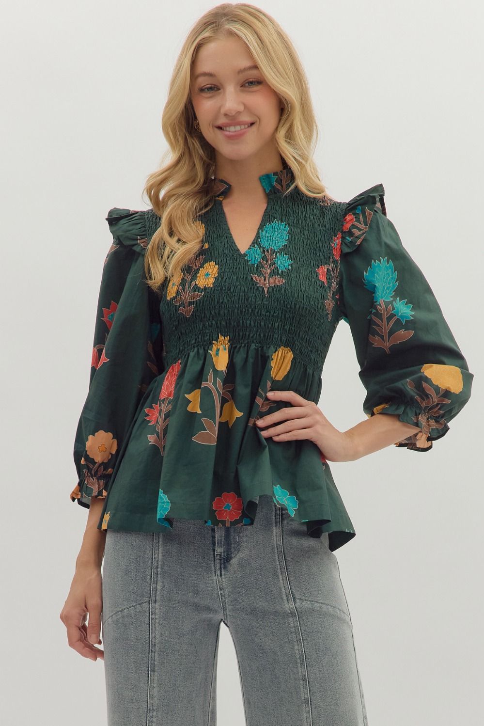 ENTRO Botanical Print 3/4 Sleeve Top In Hunter Green *COMING SOON*