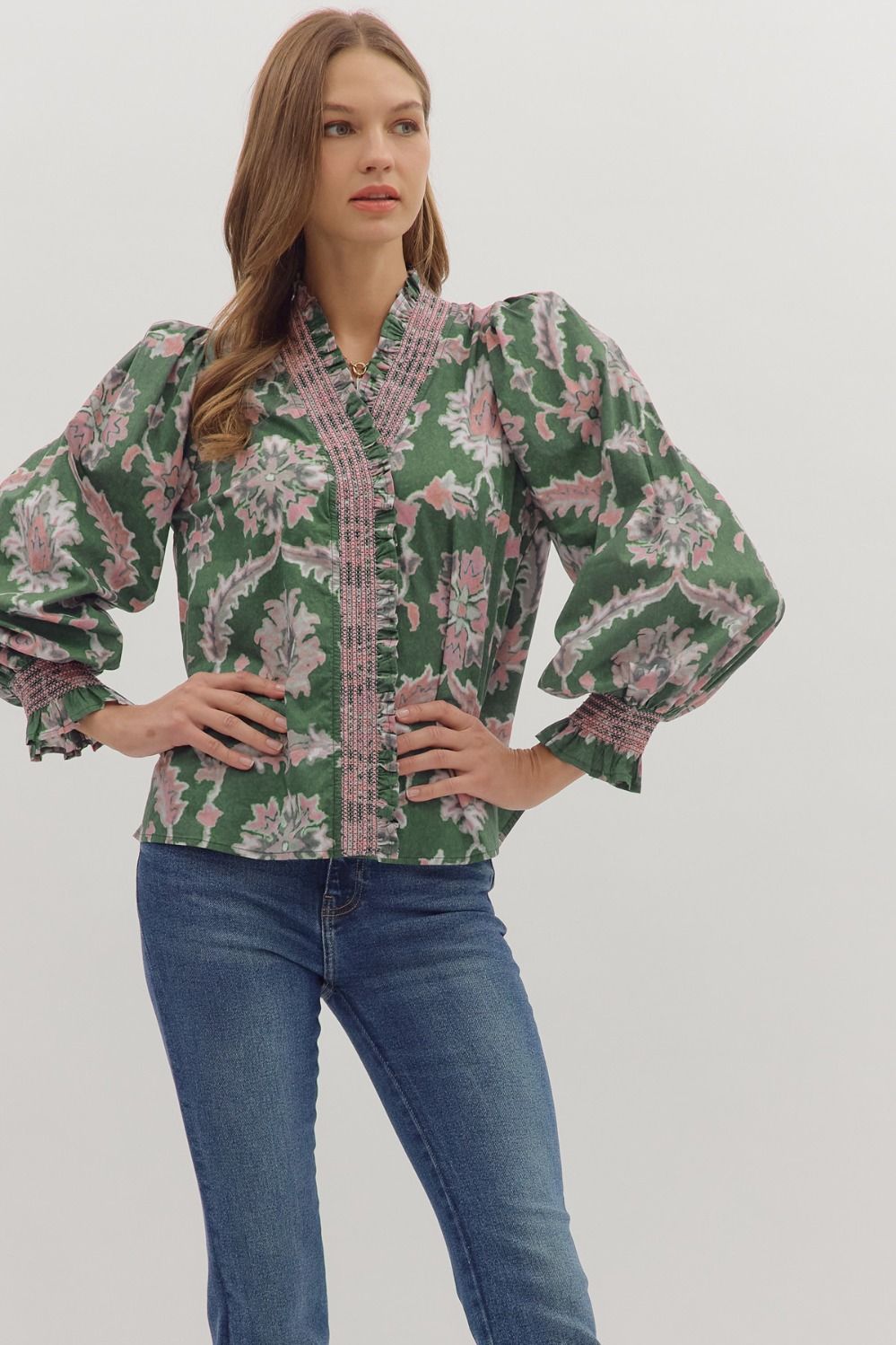 Entro Long Sleeve Top With Smocking Detail In Pine *COMING SOON*