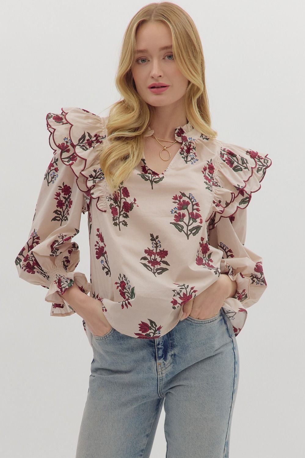 Entro Floral Print Long Sleeve Ruffle Shoulder Top In Ecru