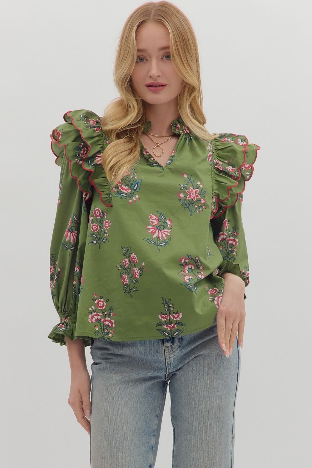 Entro Floral Print Long Sleeve Ruffle Shoulder Top In Olive *COMING SOON*