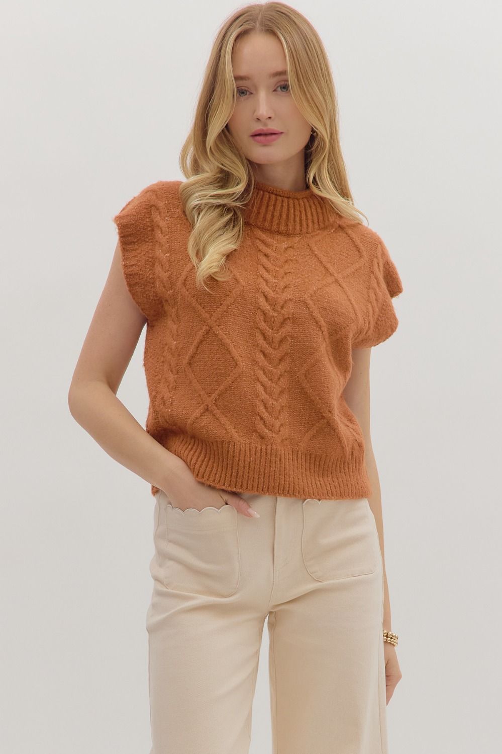 Entro Solid Cap Sleeve Mock Neck Sweater In Camel
