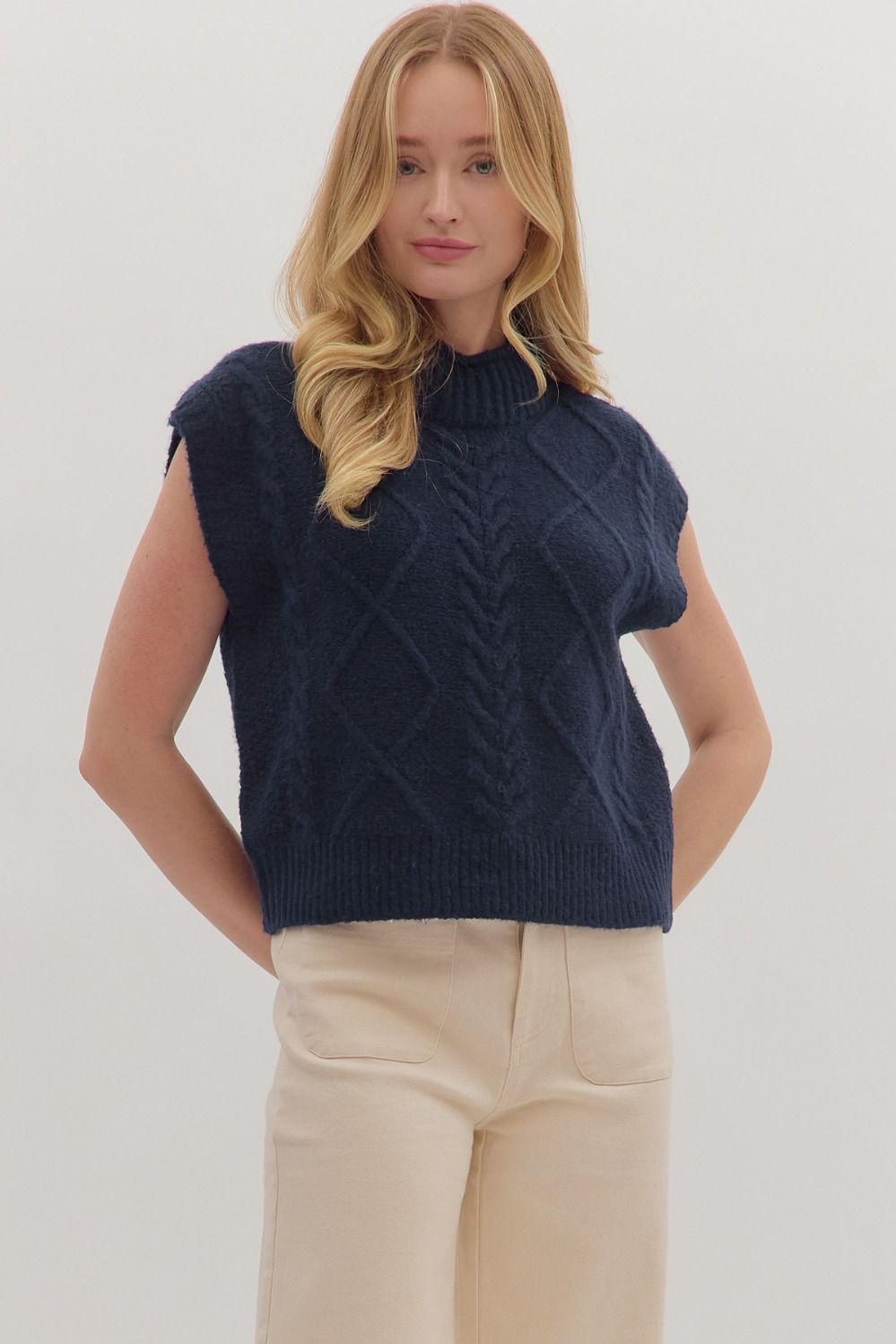 Entro Solid Cap Sleeve Mock Neck Sweater In Navy