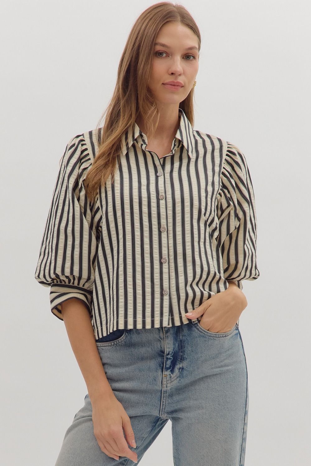 ENTRO Striped 3/4 Sleeve Button Down In Black