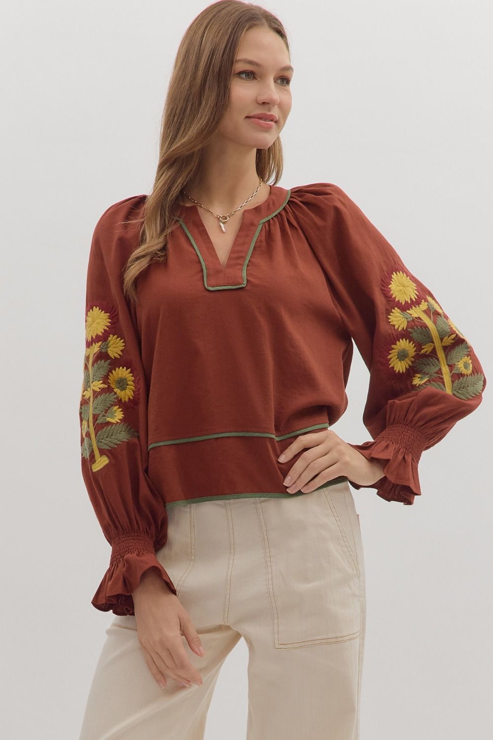 Entro Embroidered Sleeve Top In Chestnut *COMING SOON*
