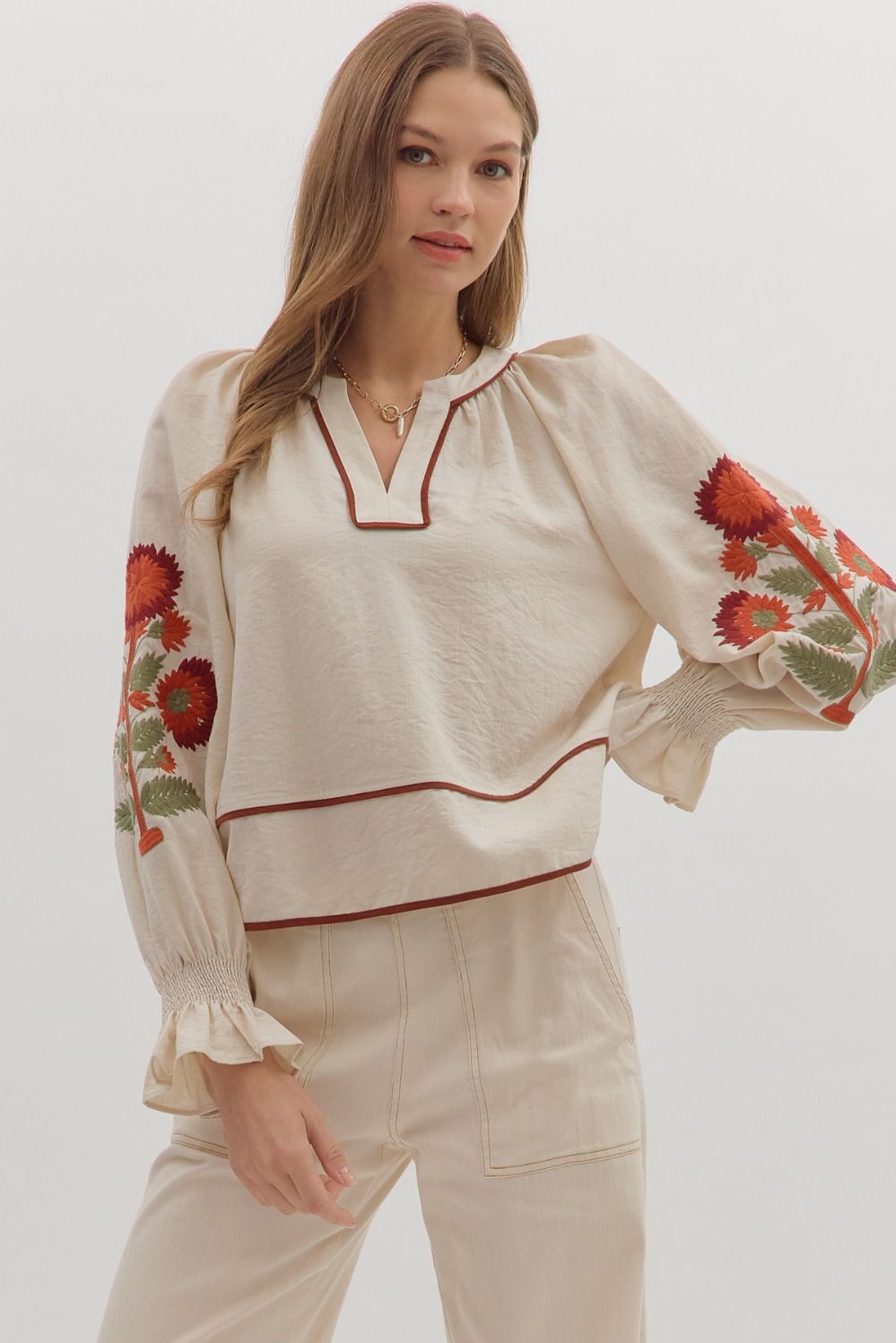 Entro Embroidered Sleeve Top In Ecru *COMING SOON*