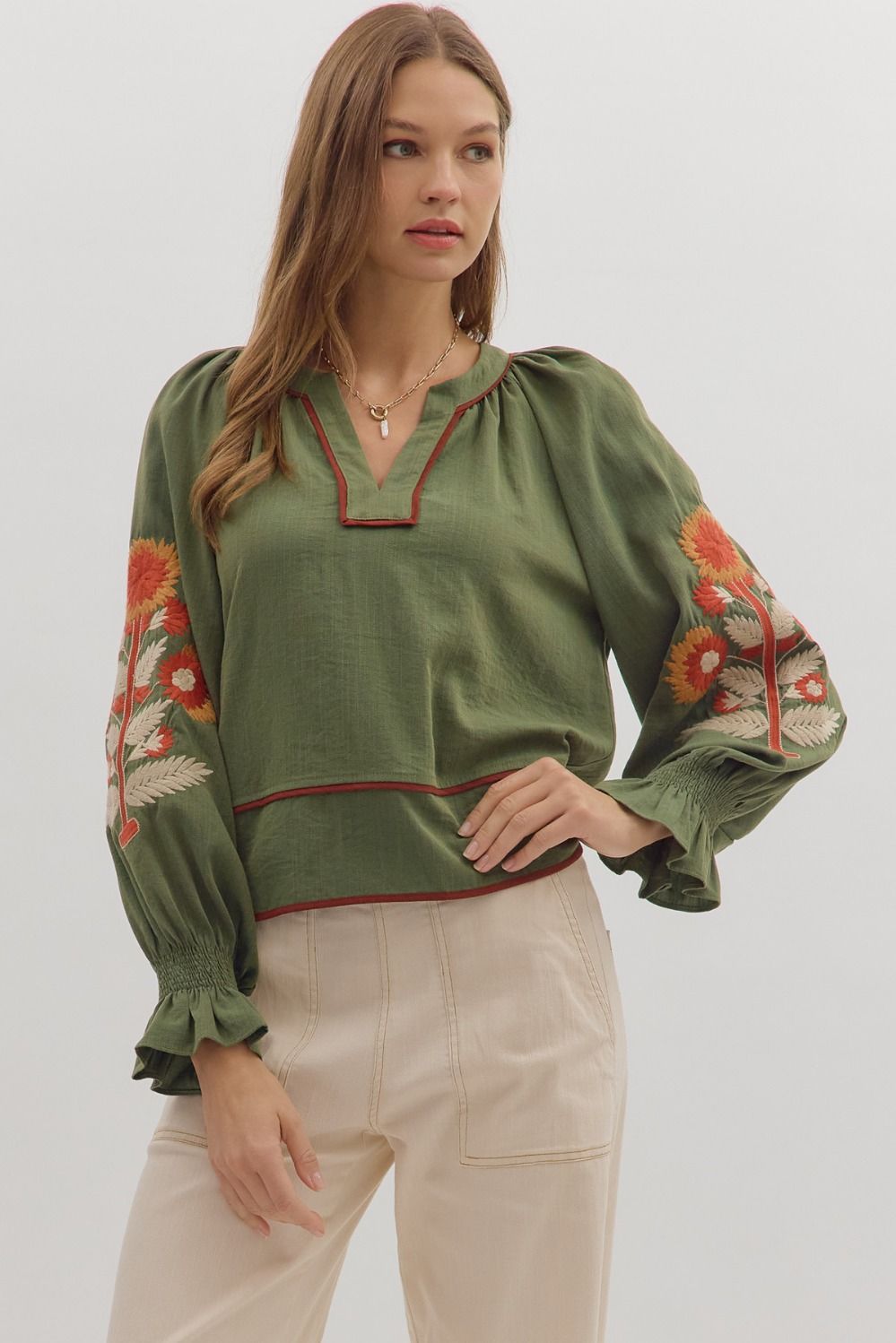 Entro Embroidered Sleeve Top In Olive *COMING SOON*