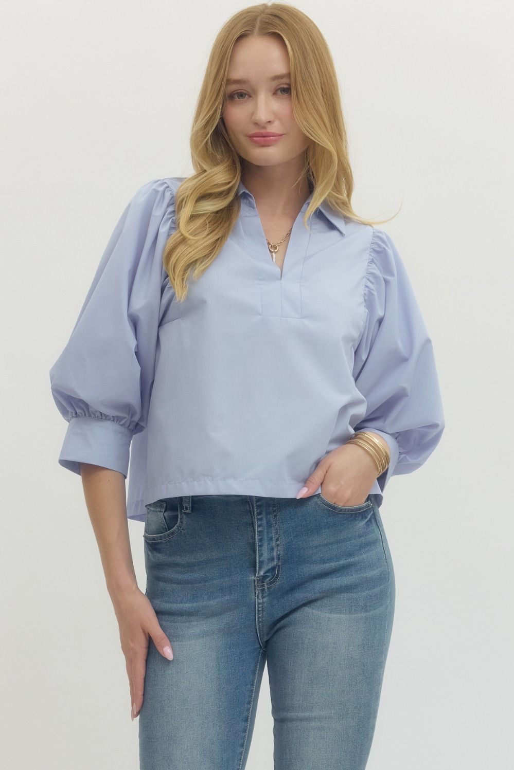 Entro Solid 3/4 Sleeve V Neck Top In Light Blue