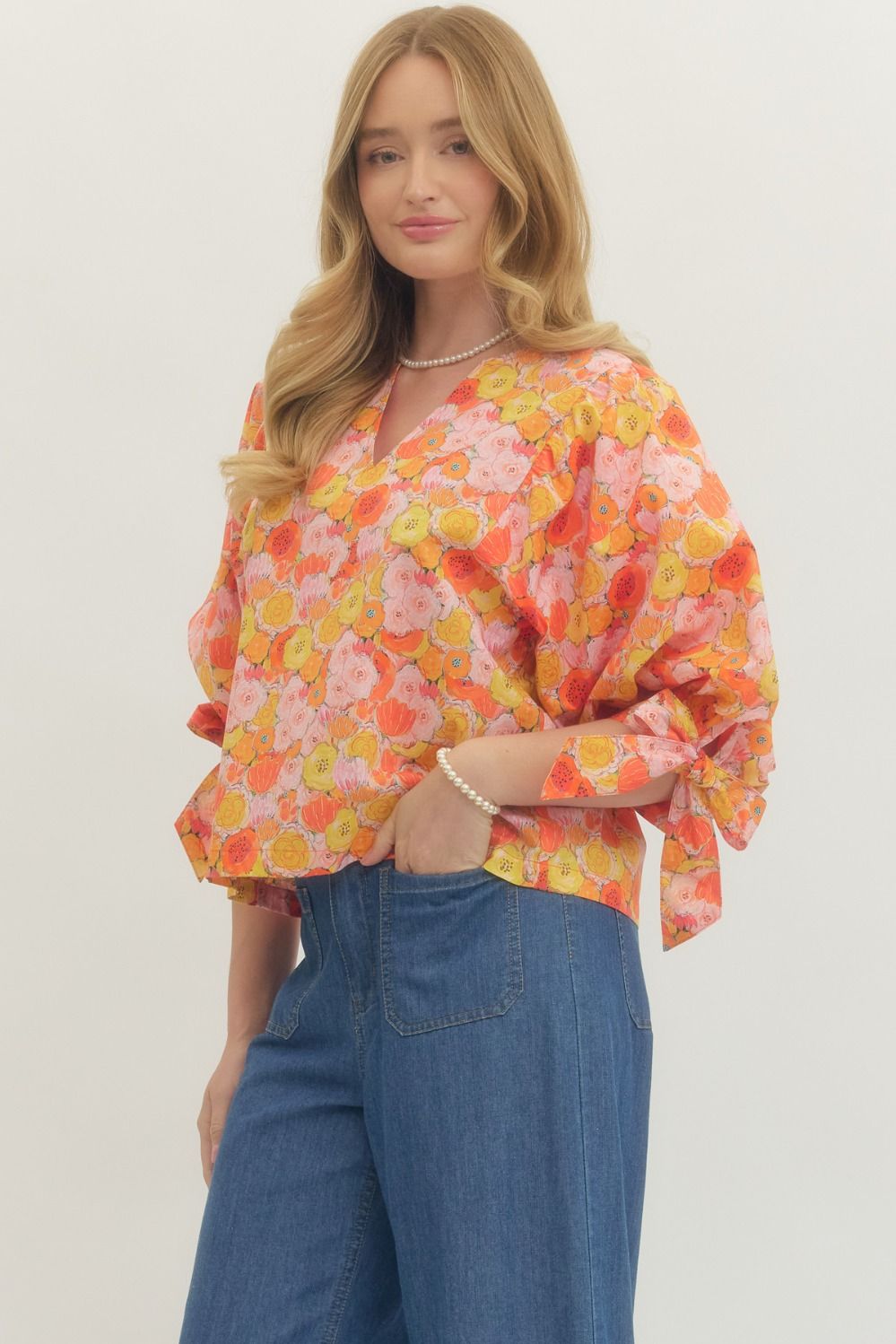Entro Floral V Neck Top With Tie Cuff In Orange *COMING SOON*