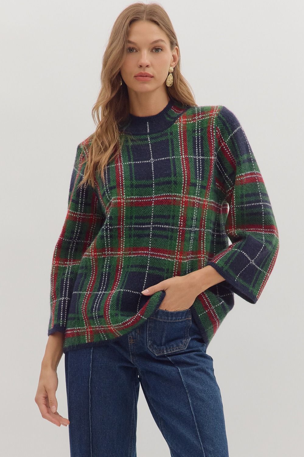 Entro Plaid Long Sleeve Mock Neck Sweater In Navy