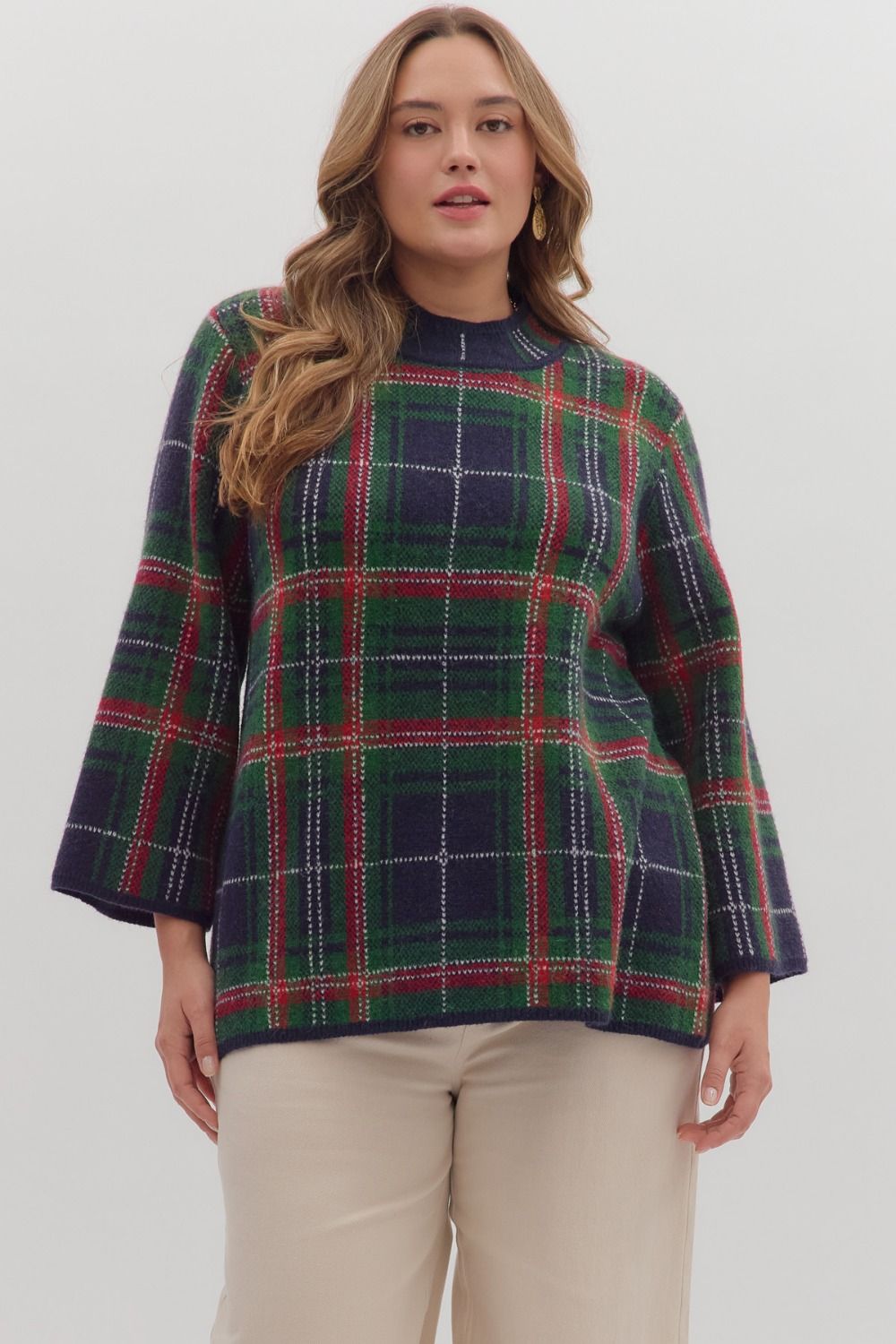 Entro Plaid Long Sleeve Mock Neck Sweater In Navy PLUS Sizes *COMING SOON*