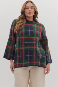 Entro Plaid Long Sleeve Mock Neck Sweater In Navy PLUS Sizes *COMING SOON*