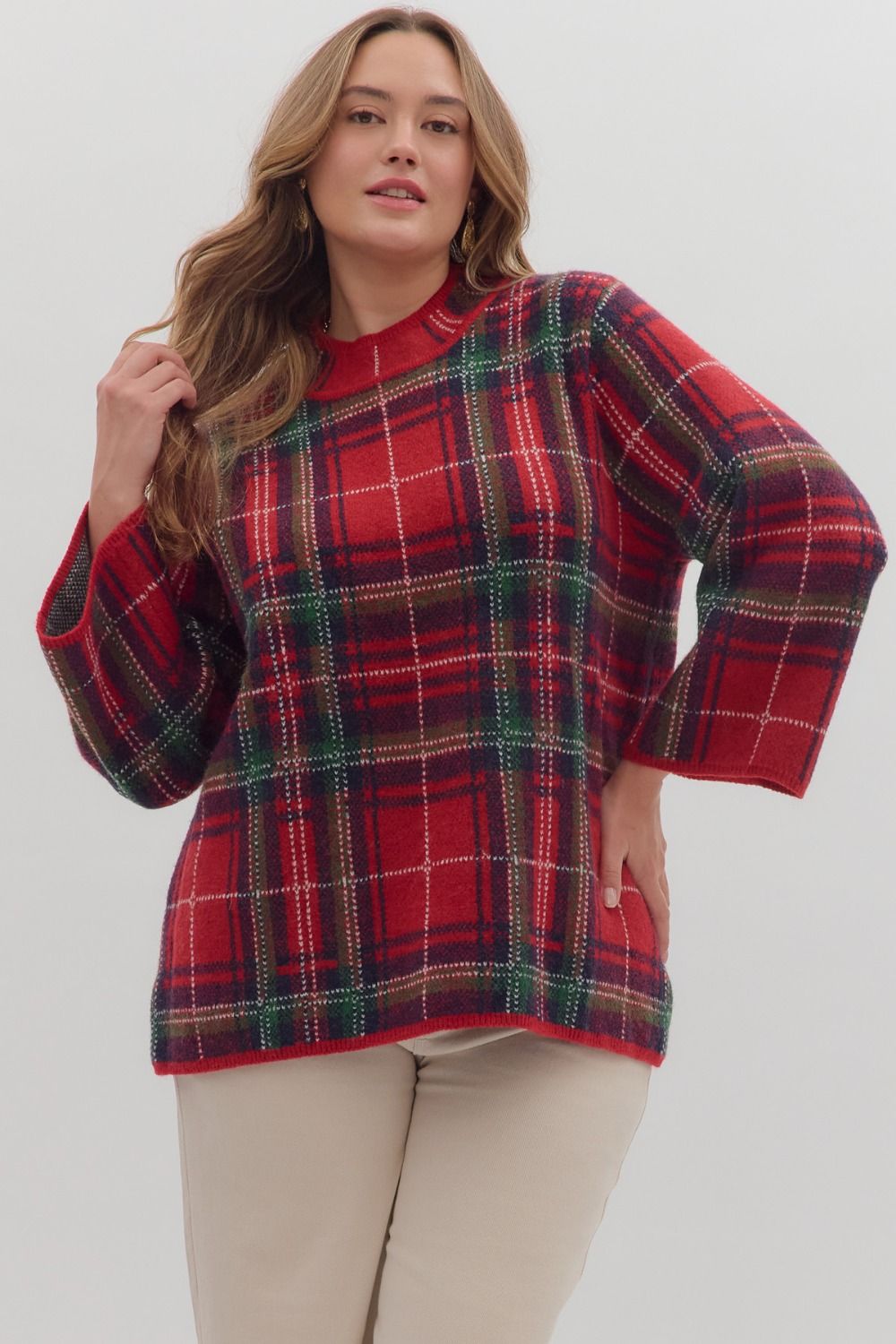 ENTRO Plaid Long Sleeve Mock Neck Sweater In Red PLUS Sizes
