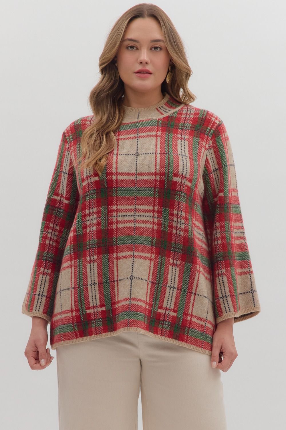 Entro Plaid Long Sleeve Mock Neck Sweater In Taupe PLUS Sizes *COMING SOON*