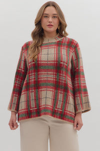 Entro Plaid Long Sleeve Mock Neck Sweater In Taupe PLUS Sizes *COMING SOON*