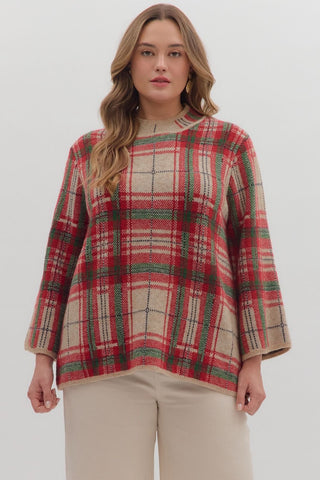 Entro Plaid Long Sleeve Mock Neck Sweater In Taupe PLUS Sizes *COMING SOON*