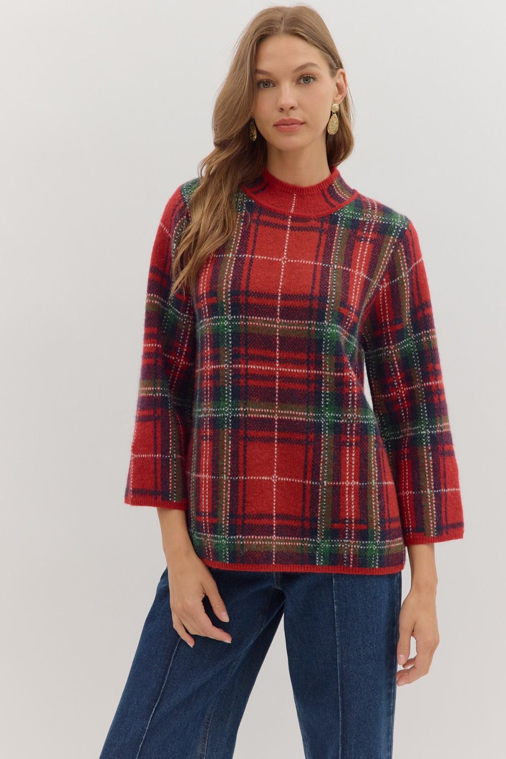 Entro Plaid Long Sleeve Mock Neck Sweater In Red
