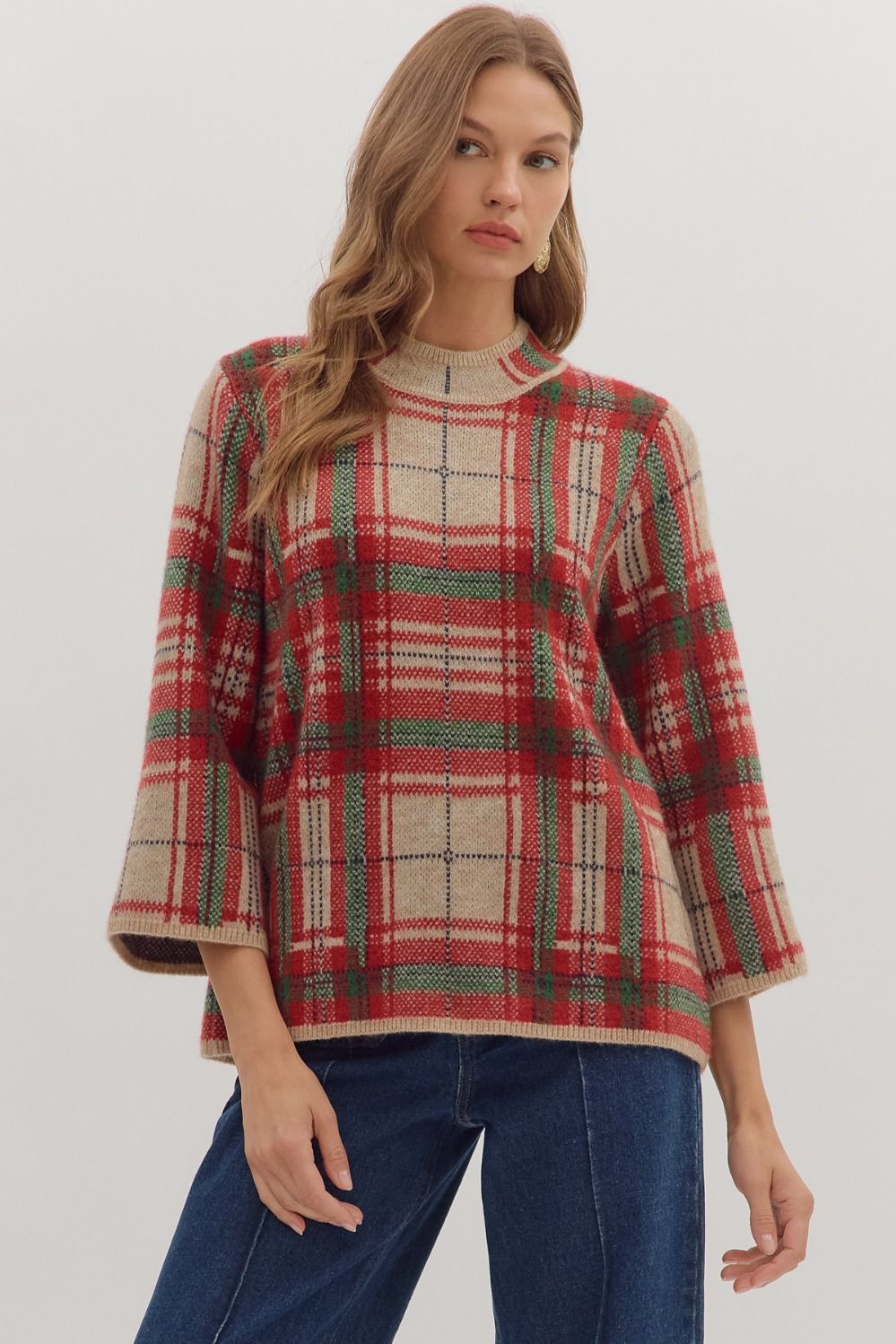 Entro Plaid Long Sleeve Mock Neck Sweater In Plaid