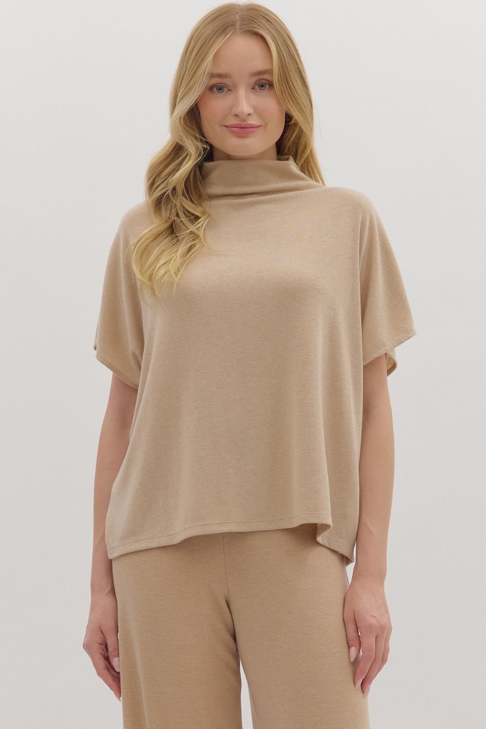 ENTRO Solid Short Sleeve Pullover Top With Mock Neck In Taupe *COMING SOON*
