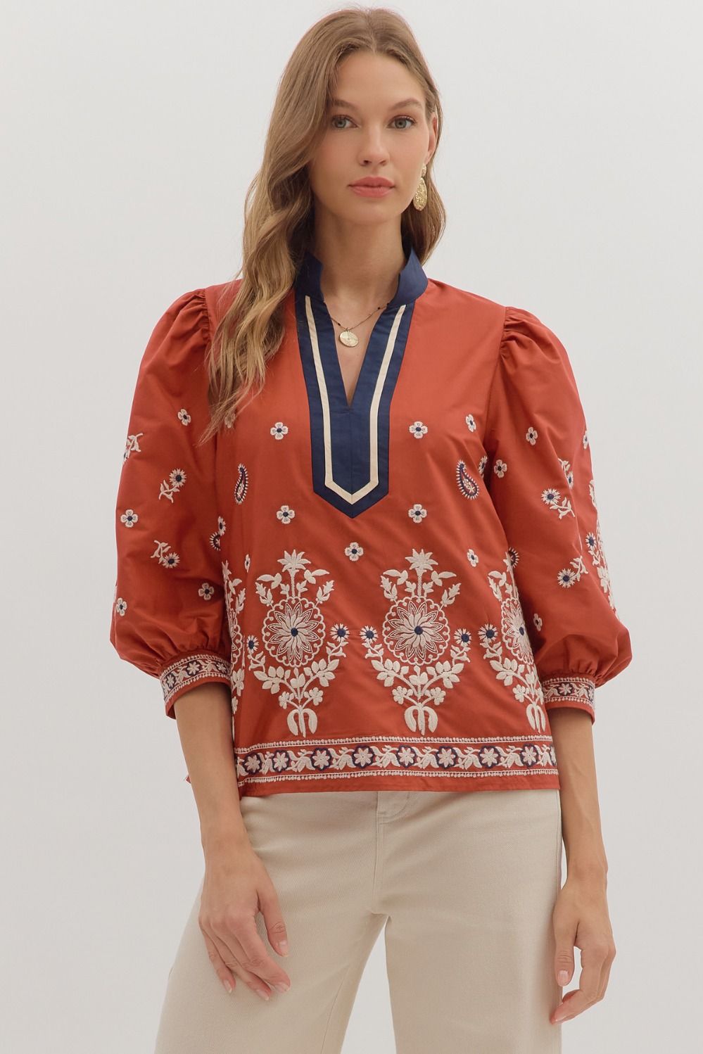 Entro Embroidered 3/4 Sleeve Top In Rust *COMING SOON*