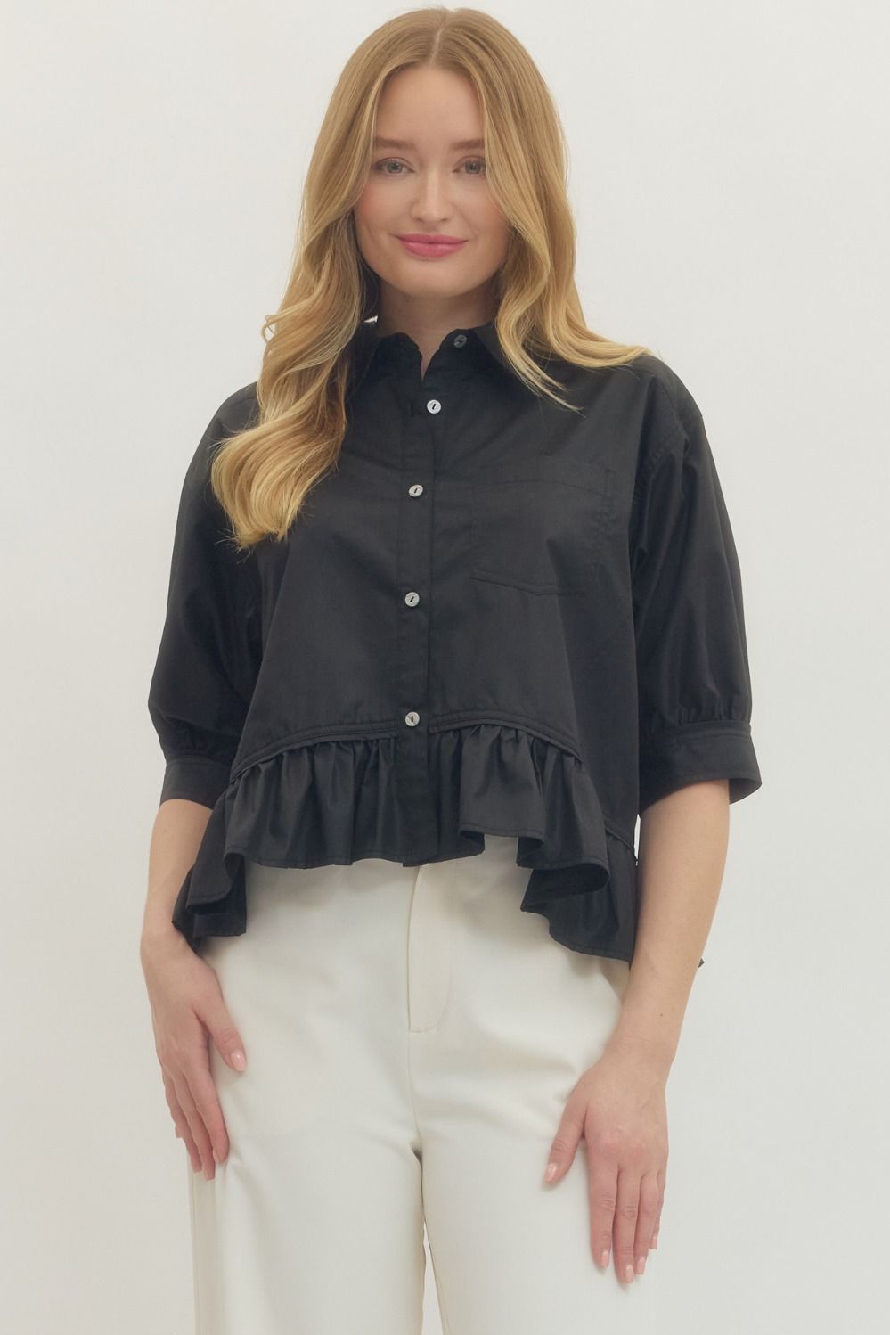 Entro Short Sleeve Button Down Ruffle Hem Top In Black