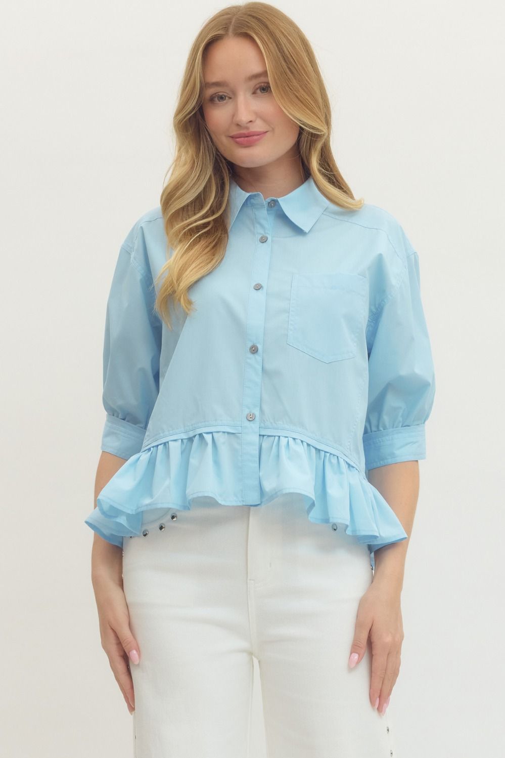 Entro Short Sleeve Button Down Ruffle Hem Top In Chambray