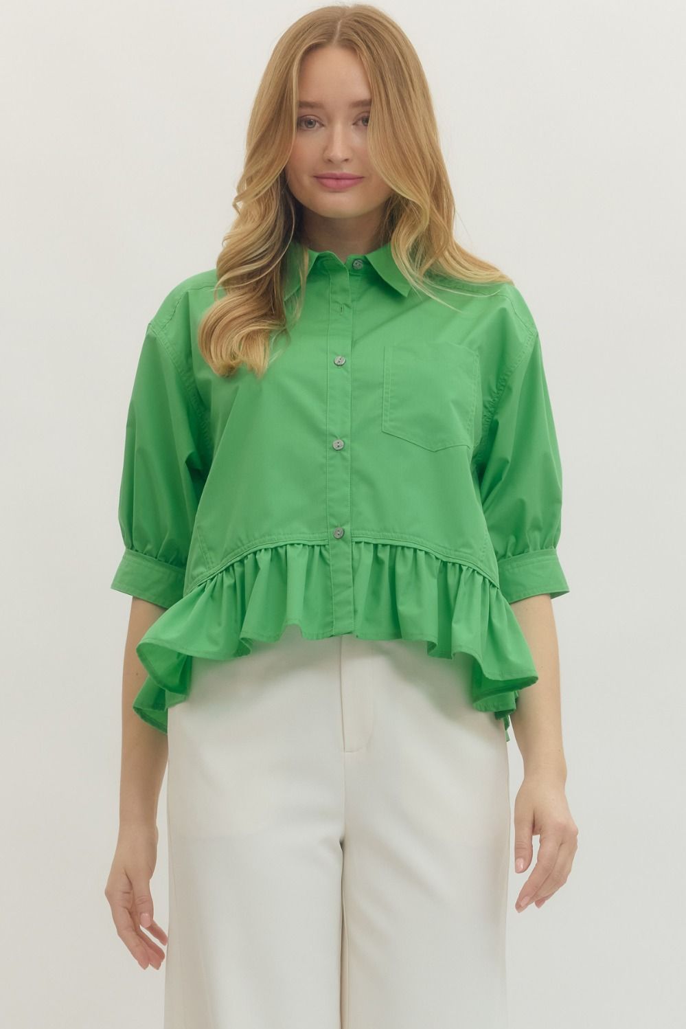 Entro Short Sleeve Button Down Ruffle Hem Top In Green *COMING SOON*