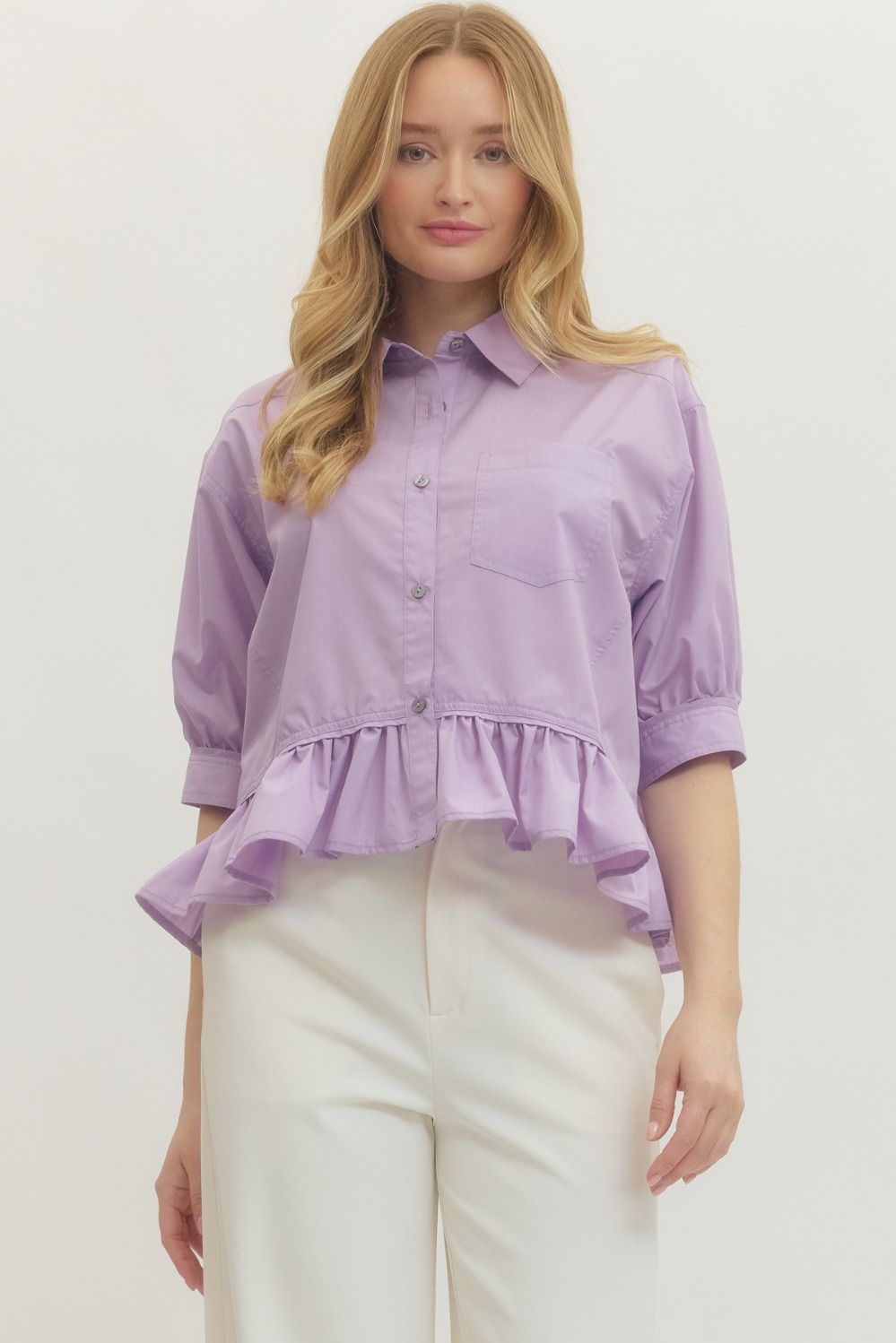 Entro Short Sleeve Button Down Ruffle Hem Top In Lavender