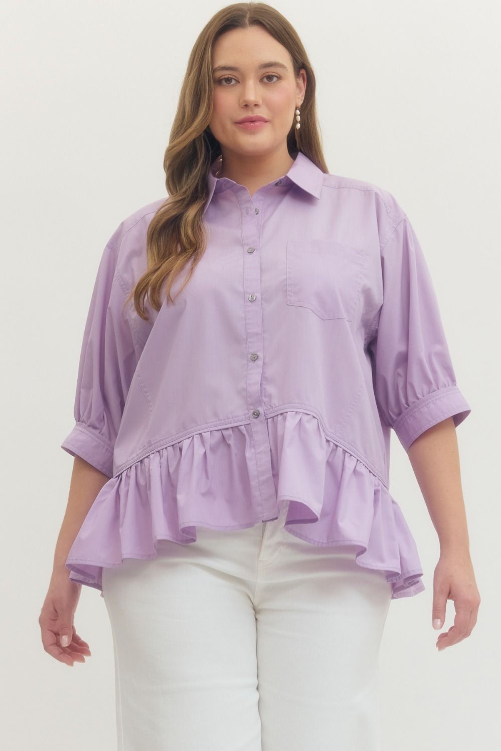Entro Short Sleeve Button Down Ruffle Hem Top In Lavender PLUS Size