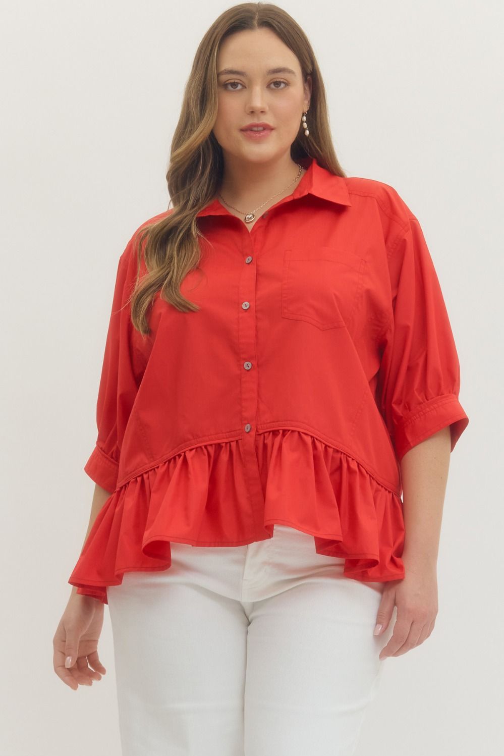 Entro Short Sleeve Button Down Ruffle Hem Top In Red PLUS Size