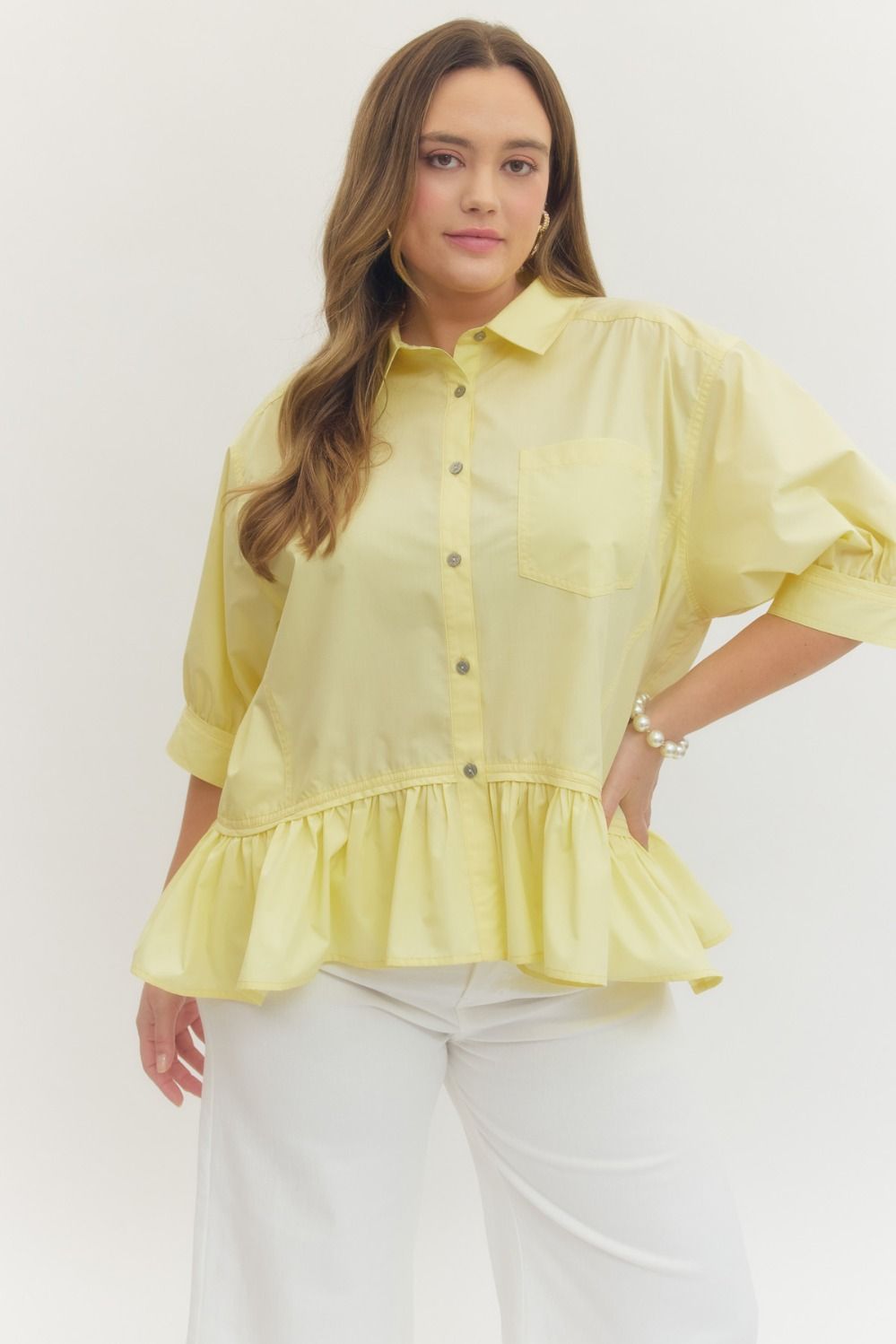 Entro Short Sleeve Button Down Ruffle Hem Top In Yellow PLUS Size