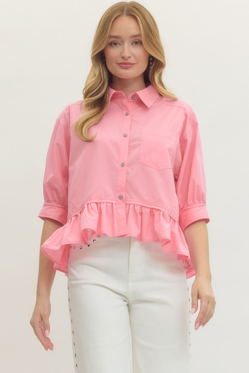 Entro Short Sleeve Button Down Ruffle Hem Top In Pink