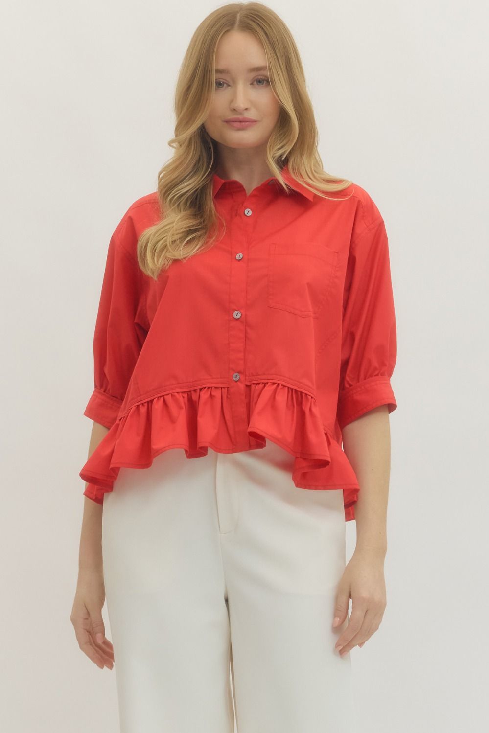 Entro Short Sleeve Button Down Ruffle Hem Top In Red