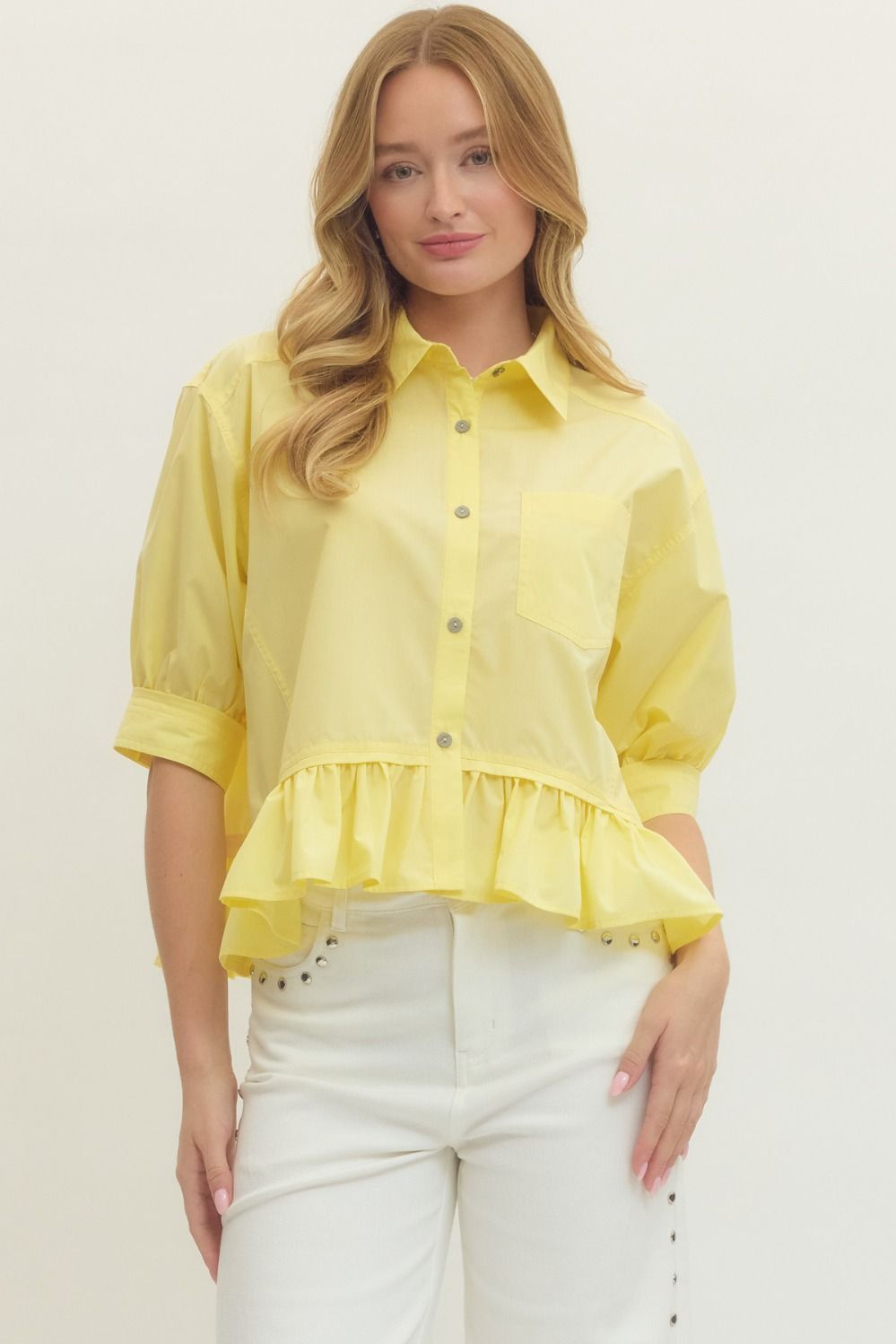 Entro Short Sleeve Button Down Ruffle Hem Top In Yellow