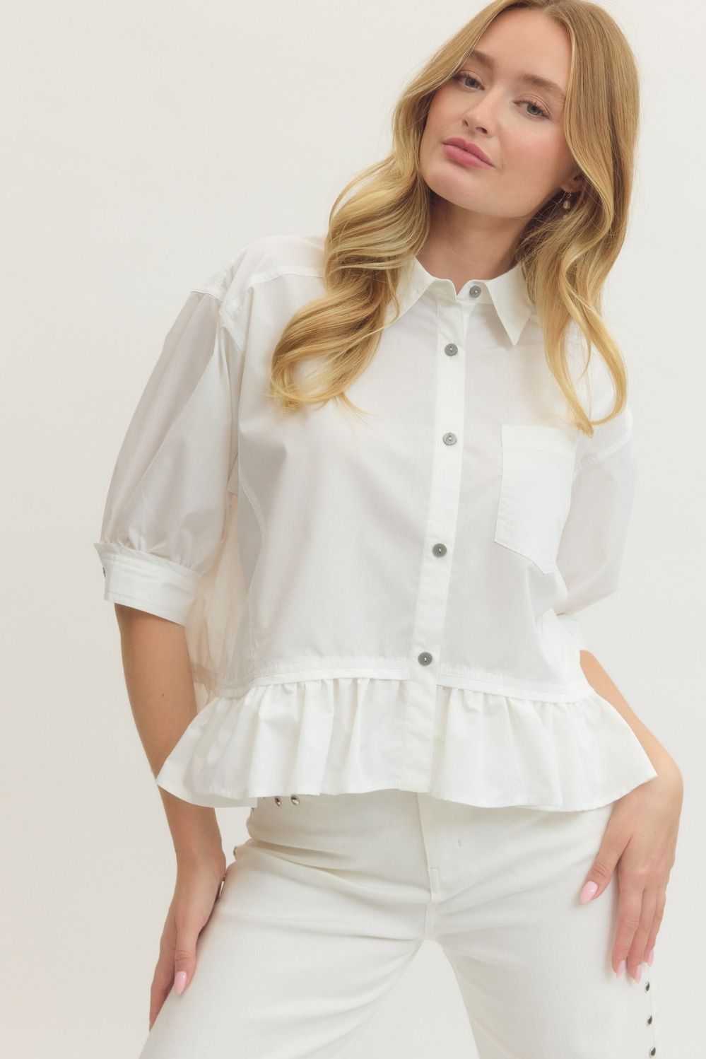Entro Short Sleeve Button Down Ruffle Hem Top In Off White