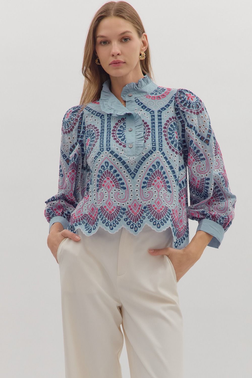 ENTRO Embroidered Eyelet 3/4 Puff Sleeve Top In Chambray *COMING SOON*