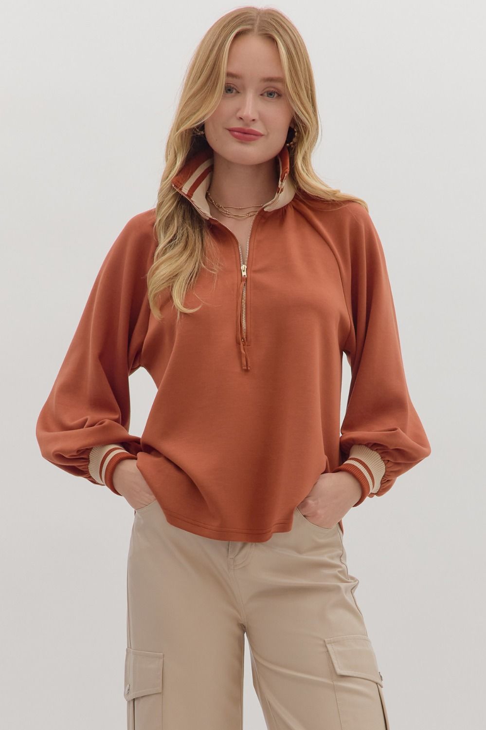 Entro Solid Long Sleeve Half Zip Top With Contrast Trim In Clay