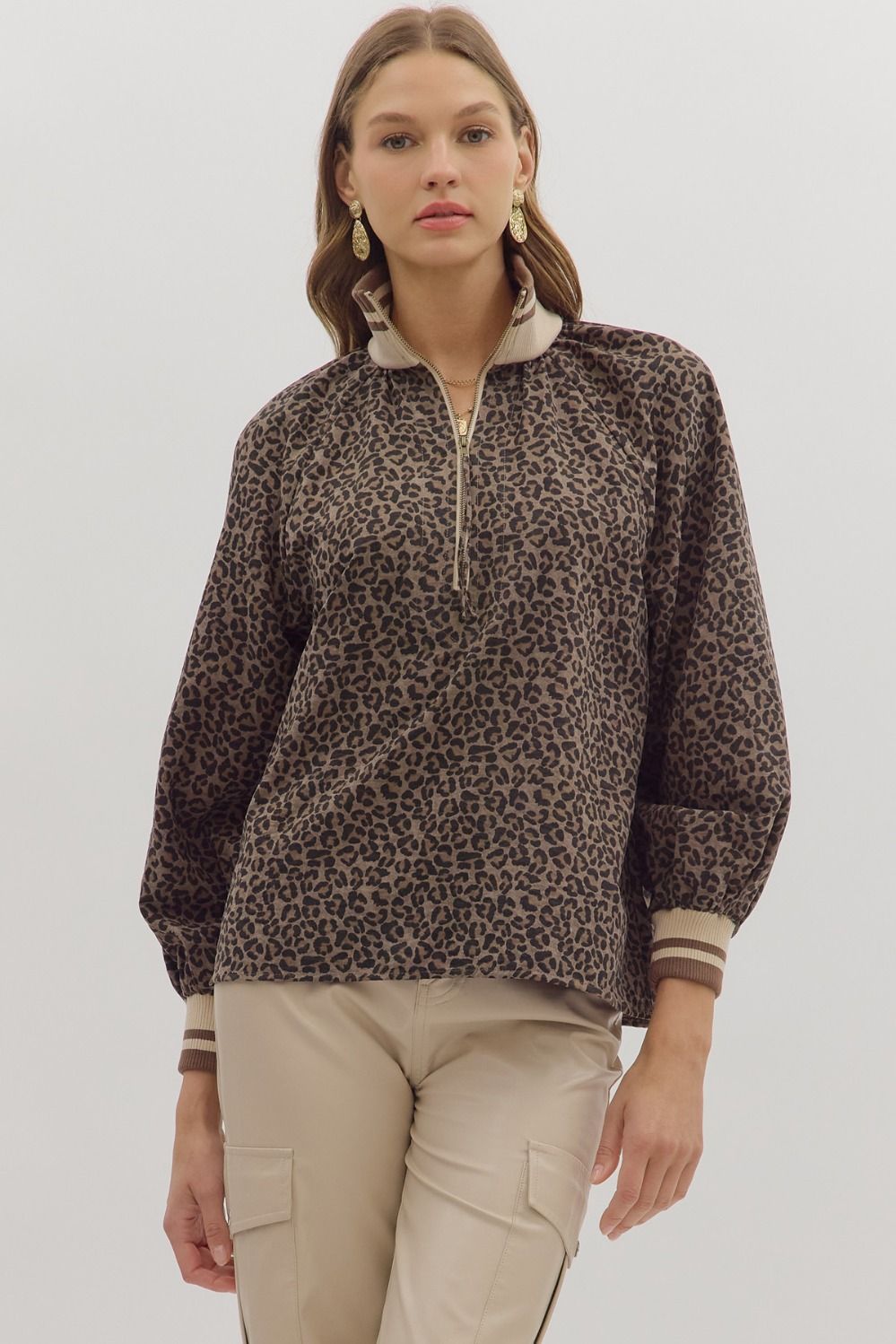 ENTRO Leopard Print Long Sleeve Top With Mock Neck In Mocha *COMING SOON*